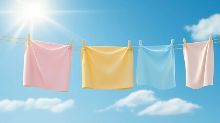 colorful laundry drying on clothesline under sunny blue sky, fresh air drying, eco-friendly cleaning, bright and cheerful outdoor scene.