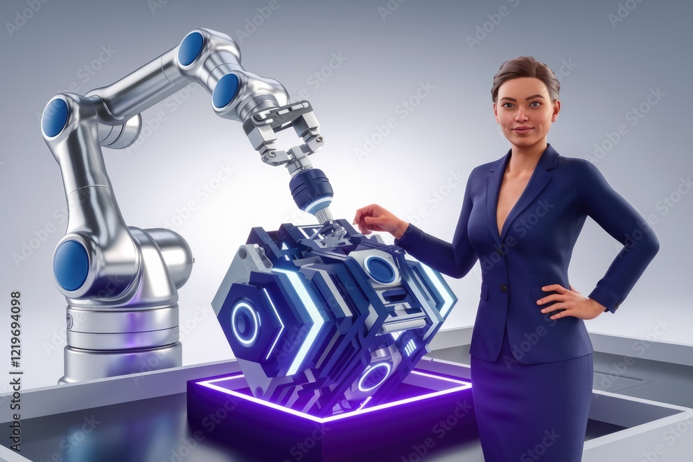 Aufkleber a woman in a business suit interacts with a robotic arm assembling a futuristic technological cube.