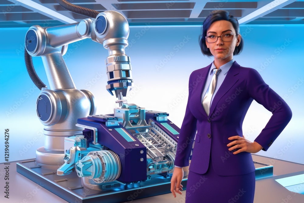 Aufkleber A businesswoman confidently stands beside a sophisticated robotic arm assembling a complex machine part in a modern factory setting.