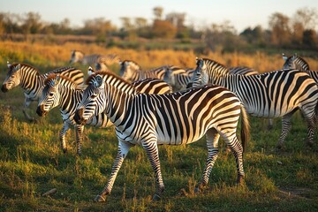 Fototapeta premium Striped zebras graze golden grassland sunset.