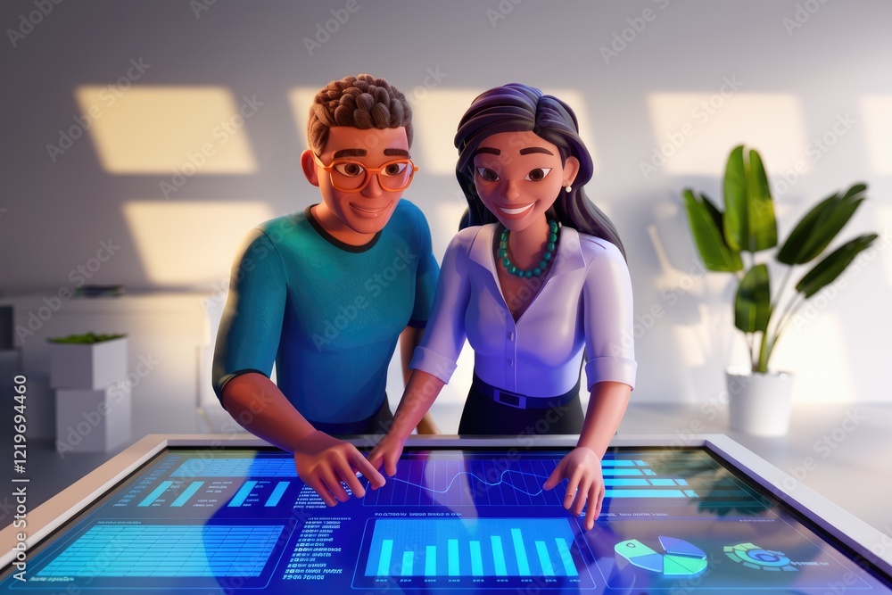 Poster A 3D animated couple analyzes data on a futuristic touchscreen, collaborating on a project.