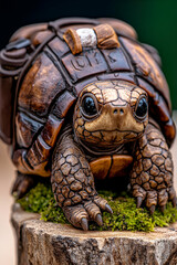 Naklejka premium A Charming Carved Turtle Figurine with Backpack, Perched on a Mossy Stump