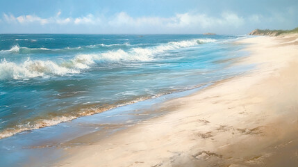 impressionism oil painting with thick impasto brush strokes of waves on a sandy beautiful beach with puffy clouds. using muted browns, blues, and white. 