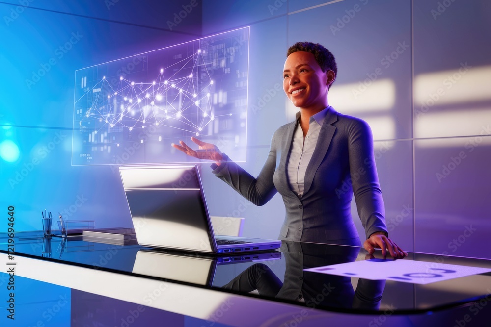 Poster A businesswoman interacts with a holographic display showcasing data visualization and network connections.