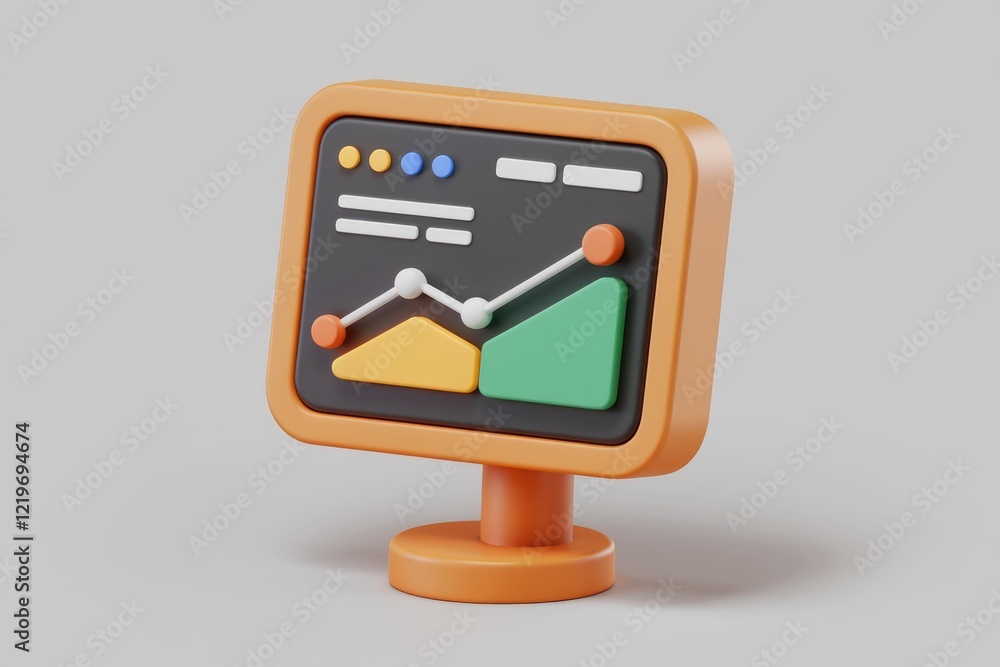 Poster 3D render of an orange digital dashboard displaying upward trending graph, indicating growth and success.