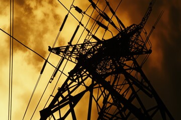 A power line stretches across the landscape against a cloudy sky