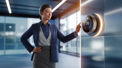 Businesswoman interacts with a smart thermostat in a modern office, adjusting the temperature to 20 degrees.