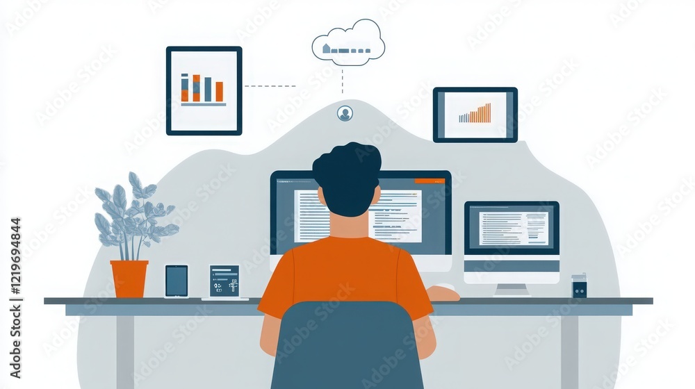 Poster person working with multiple digital screens with chart, data, and cloud connection