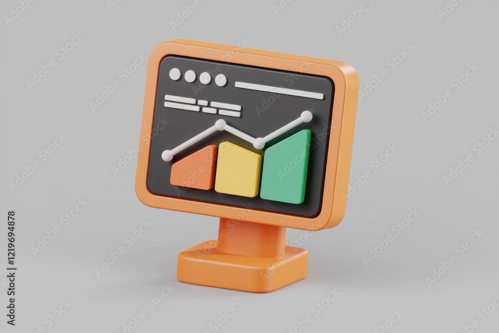 Poster 3D render of an orange monitor displaying an upward trending bar graph indicating growth and progress.