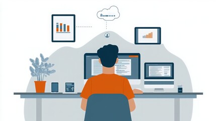 Person working with multiple digital screens with chart, data, and cloud connection