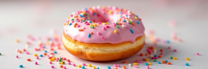 Colorful sprinkles scattered on top of a soft doughnut, pastel sprinkles, multicolored toppings, yummy pastry