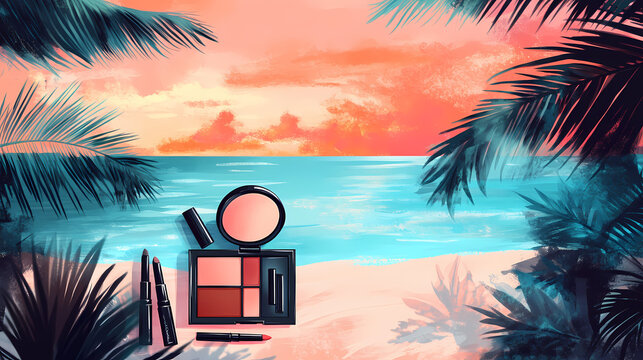 Makeup palette with warm sunset and ocean tones, illuminated by natural tropical light, evoking beach vibes and exotic makeup styles. Whispering Lagoon. Illustration