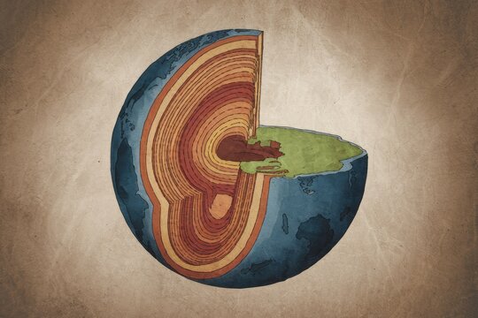 Cross-section illustration of Earth, showcasing its layered internal structure and continental plates.