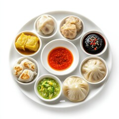 A platter of assorted dim sum with dipping sauces, isolated white background, minimalist art style