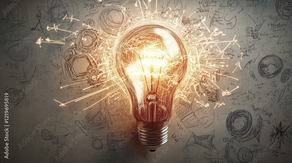 Poster illuminated lightbulb sparks creativity with warm glow and intricate sketches