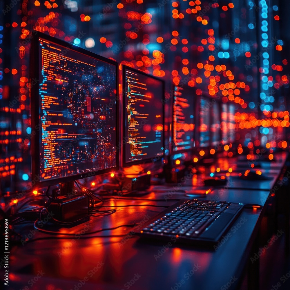 Poster two computer monitors on a desk, office setup