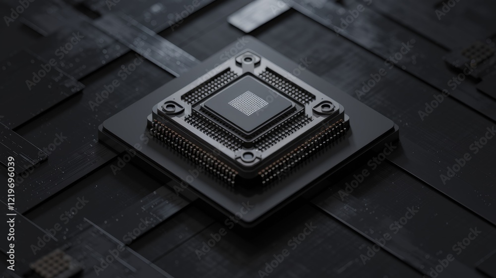 Poster A modern computer processor sits atop a circuit board, showcasing advanced technology and intricate design.