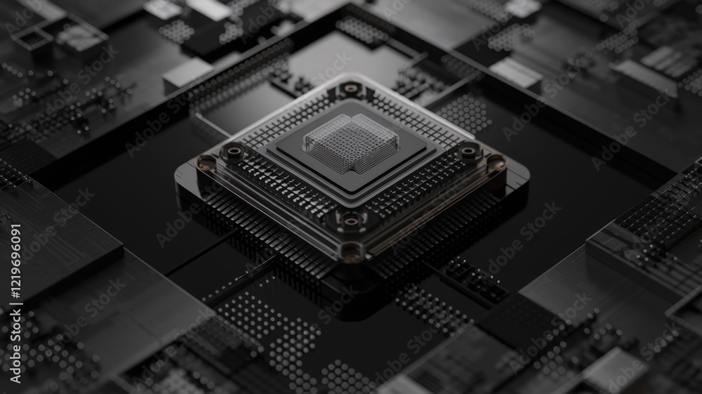 Poster A close-up view of a modern computer processor, showcasing intricate circuitry and advanced technology.