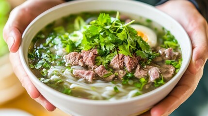 Image of rice and Vietnamese pho with beef and herbs in a traditional Vietnamese bowl, emphasizing aromatic and flavorful qualities. Ideal for Vietnamese cuisine and noodle soups.