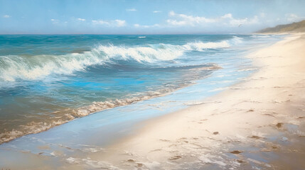 Obraz premium impressionism oil painting with thick impasto brush strokes of waves on a sandy beautiful beach with puffy clouds. using muted browns, blues, and white. 