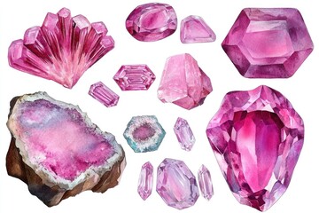A collection of pink crystals on a white background