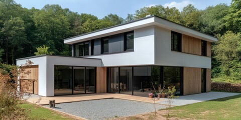A modern, house with clean architectural lines, large windows, and landscaped surroundings under a bright blue sky.