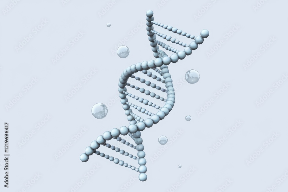Poster 3D rendering of a DNA double helix structure with surrounding bubbles, representing genetic code and molecular biology.