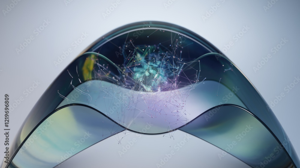 Poster Abstract 3D rendering of a curved glass structure with a glowing network of interconnected nodes inside.