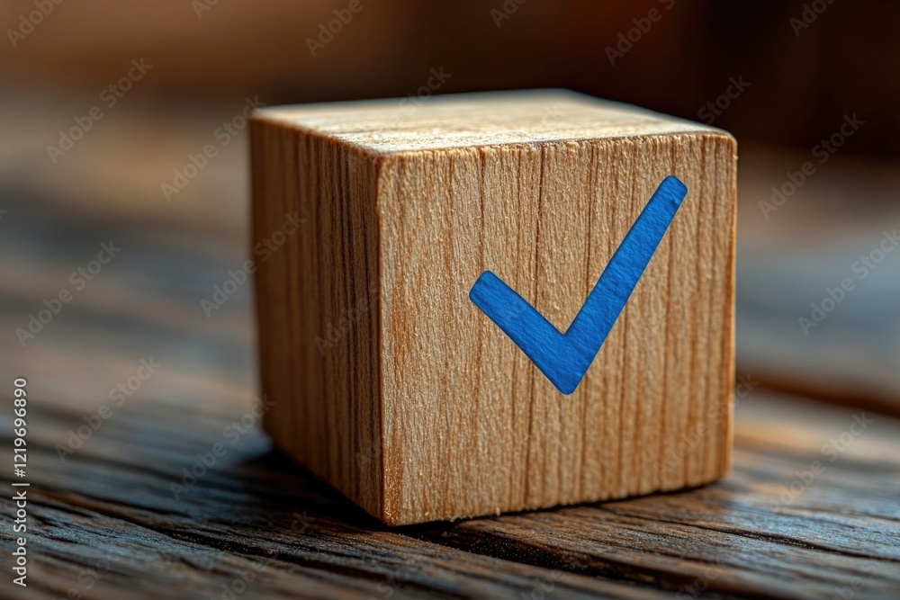 Poster a simple wooden block featuring a blue checkmark symbol, suitable for use in various contexts such a