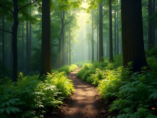 Obraz premium Sunlit Forest Path Lush Green Trees Nature Trail