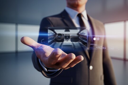 A businessman presents a holographic display showcasing a luxurious car's interior, highlighting technological advancements in the automotive industry.