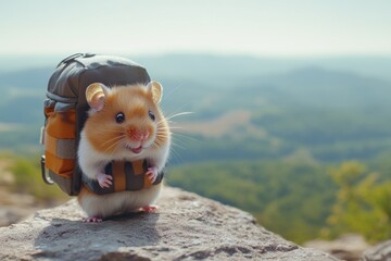 Adventurous hamster hiking up mountain with tiny backpack in scenic landscape