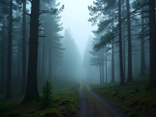 Obraz premium Misty Forest Path Foggy Woods Road Nature Trail