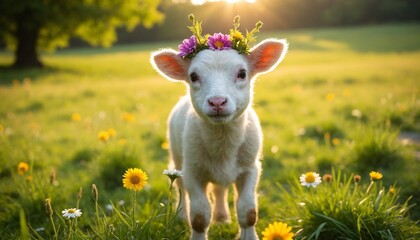 Obraz premium Cute lamb wearing a floral crown in a sunny meadow