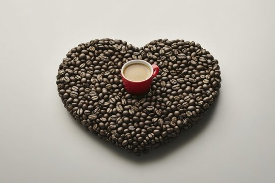 Heart shape of coffee beans with red cup perfect for coffee lovers? design