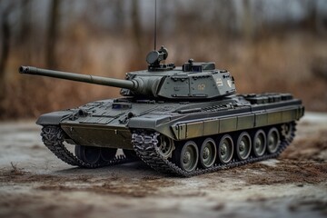 A small toy tank sits on a dirt field, ready for adventure