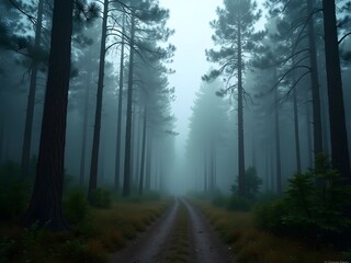 Naklejka premium Misty Forest Path Trees Nature Fog Road Woods