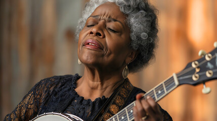 Joyful Female Musician Playing Banjo in Live Performance Showcasing Cultural Heritage and Emotional Expression