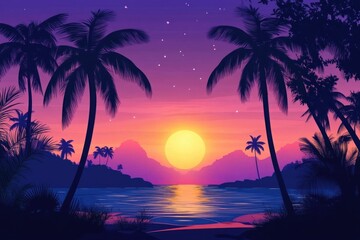 A serene sunset scene on a palm-lined beach