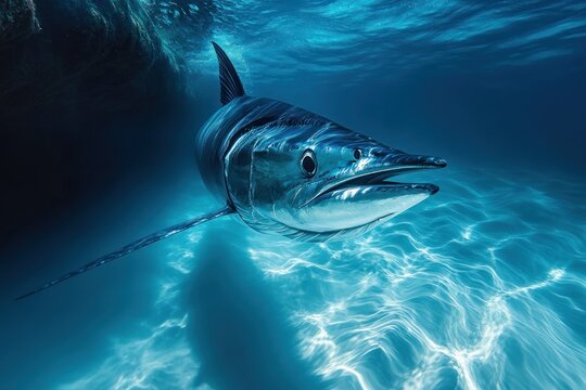 Majestic wahoo swims in sunlit ocean depths.