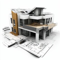 A high-rise architectural blueprint seamlessly blends 3D modeling with technical floor plans, showcasing a futuristic urban development concept.