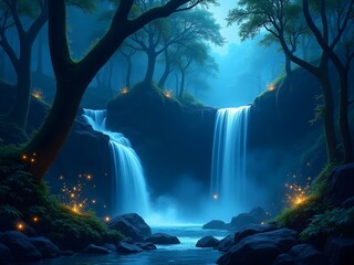 Obraz premium Enchanting Night Waterfall in Mystical Forest