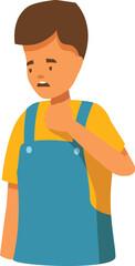Little boy is having sore throat, touching neck, suffering from painful swallowing, kid showing symptom of flu, tonsillitis or viral infection