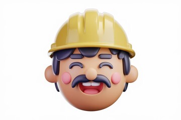 Happy construction worker, 3D cartoon style, wearing a yellow helmet.
