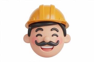 A cheerful 3D cartoon of a construction worker wearing a yellow helmet and smiling.
