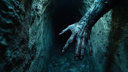 Hand reaching out from a dark, narrow tunnel, suspenseful and claustrophobic horror  