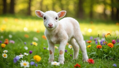 Obraz premium Adorable lamb standing in a meadow with colorful spring flowers