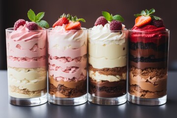 Delicious parfaits layered with creamy goodness and fresh berries on display. Generative AI