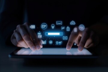 Person uses tablet for online research. Hands on tablet display. Searching for data for business strategy. Modern tech tools, methods used for digital work. Person plan, finds information. Using