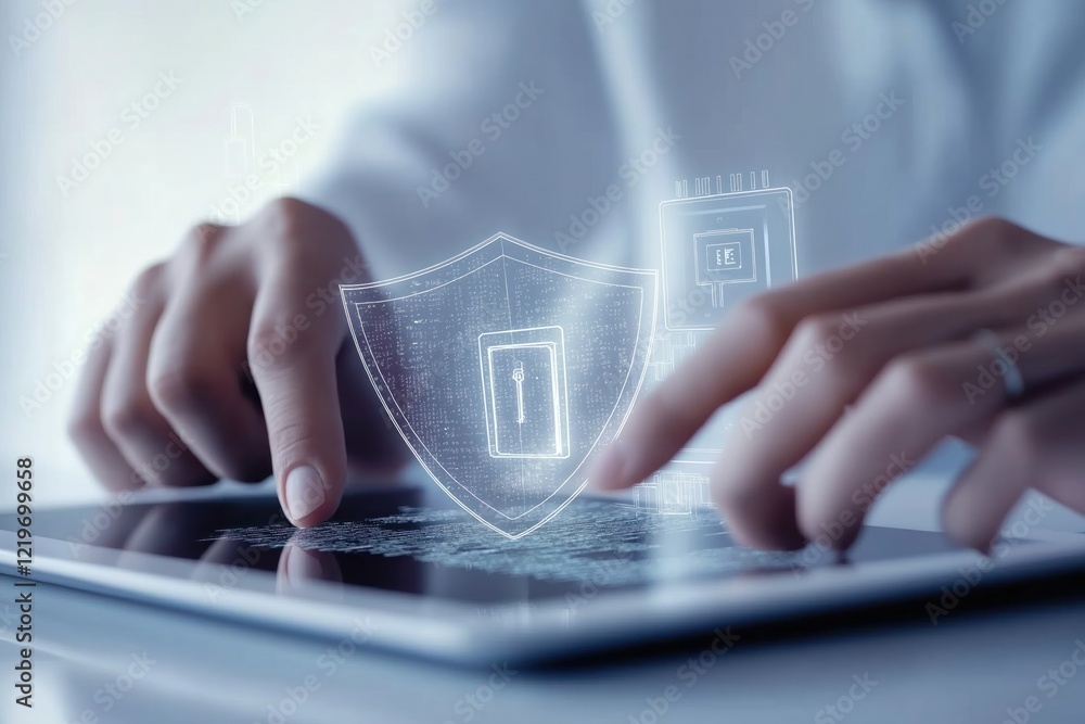Poster person using tablet to explore cybersecurity concepts. hands interacting with digital shield, tech e
